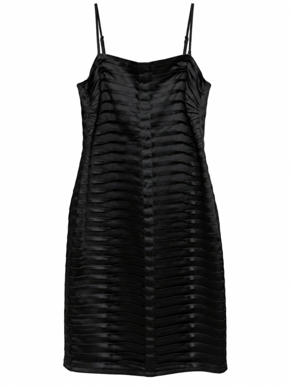 Calvin Klein Black Satin Pintuck Sheath Dress Size 4 Spaghetti Strap Cocktail LB